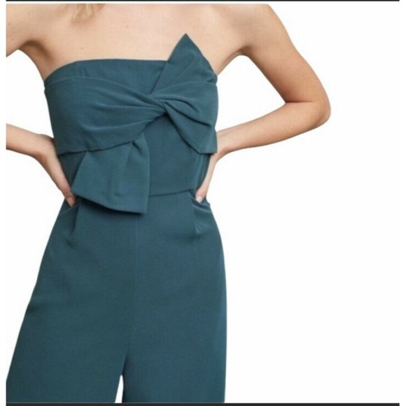 Anthropologie Hailee C Strapless Wide Leg Jumpsuit Bow Cropped Green Women’s 2 - Picture 3 of 9